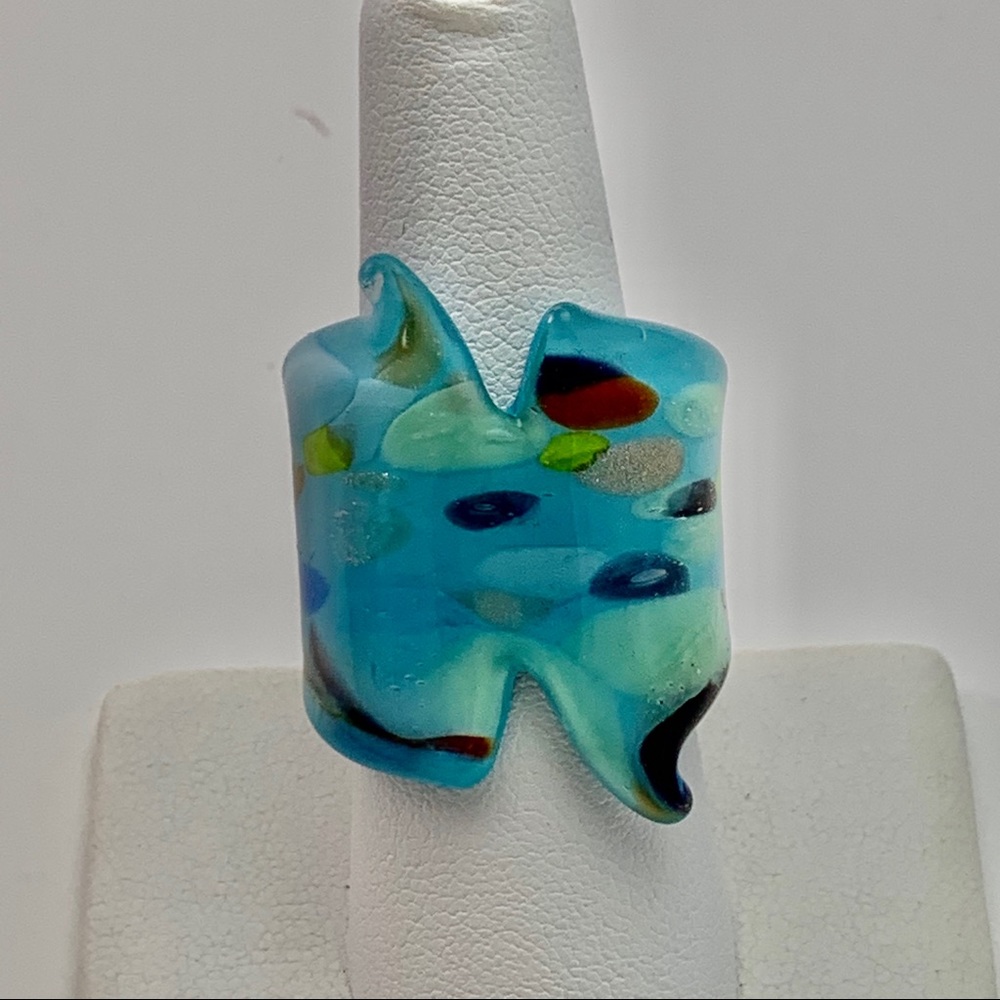 Gorgeous Blue, Multi Color Glass Ring Sz 7-7.5